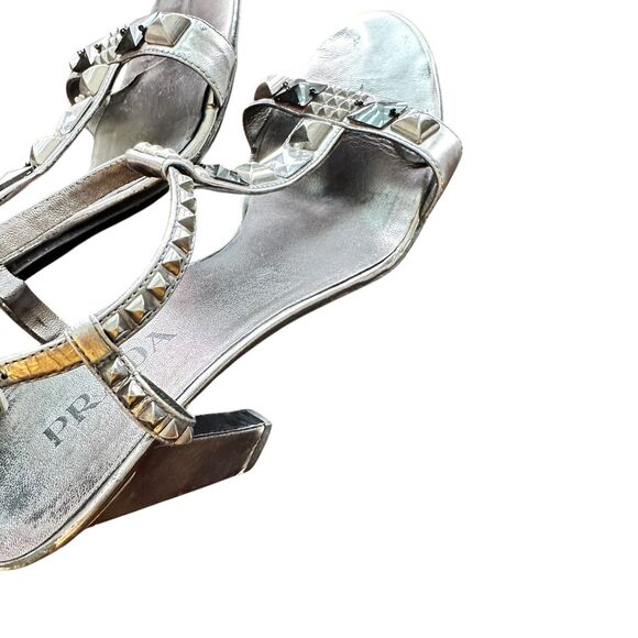 Prada 38 Patent Leather T-Strap Silver Studded crystals Accents Block Sandals - Picture 5 of 15